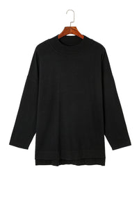 Black Plus Size Side Slits High Neck Loose Sweater