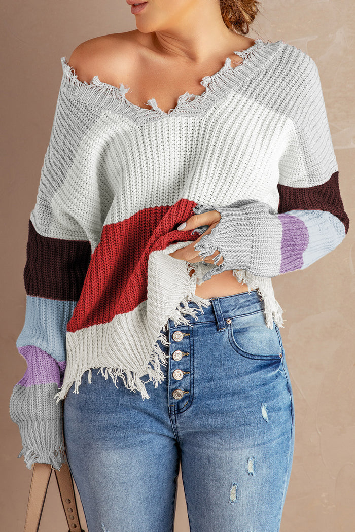 Gray Colorblock Distressed Sweater