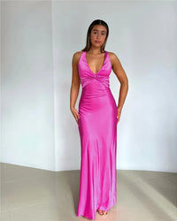 Mozision Satin Bow Backless Sexy Maxi Dress For Women Gown Fashion V Neck Sleeveless Club Party Evening Dress Elegant