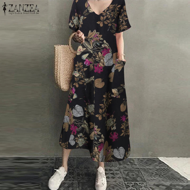 ZANZEA 2023 Women Long Maxi Summer Dress Casual Cotton Linen  Ladies Big Pockets Beach Party Robe Femme Vestidos