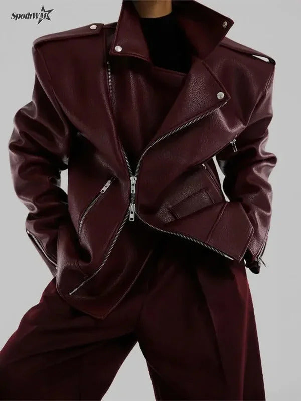 Women Burgundy Leather Double Zipper Motorcycle Jacket Fashion Loose Lapel Long Sleeve Pu Cropped Coats Autumn Female Streetwear