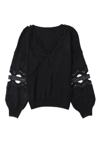 Black Hollowed Lace Splicing V Neck Loose Sweater