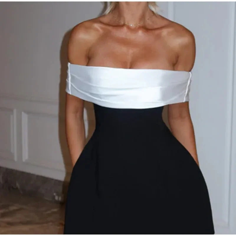 Elegant Back Big Bow Decoration Mini Dress Fashion Off Shoulder High Waist Sleeveless Backless Dresses Autumnm New Party Gowns