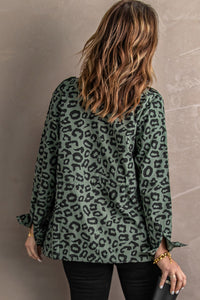 Green Lapel Collar Zipper Drawstring Leopard Coat