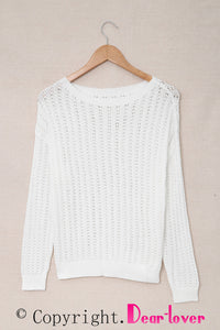 White Hollow-out Drop Shoulder Knitted Sweater