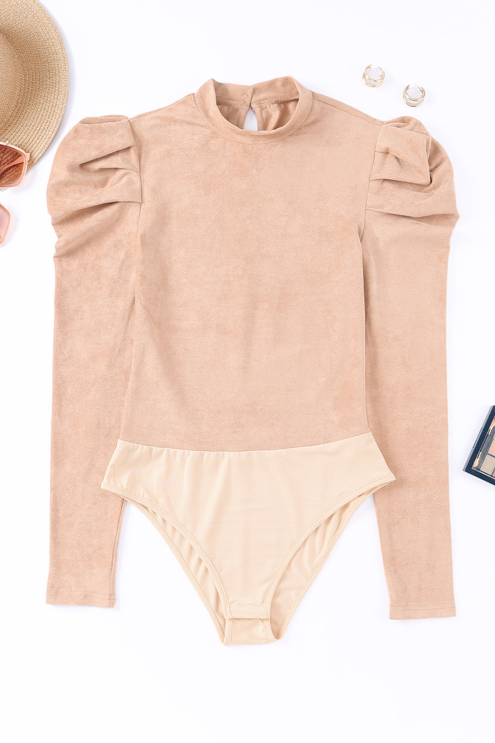 Brown Puff Sleeve Suede Bodysuit