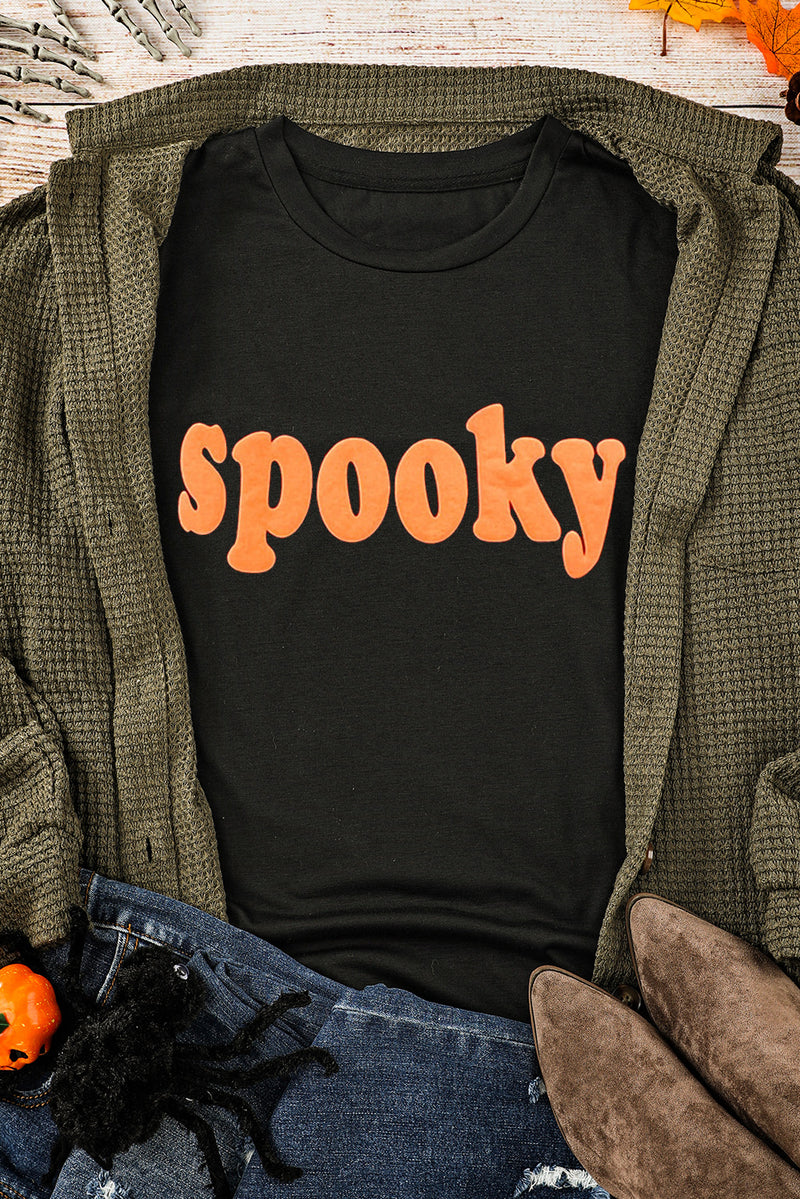 Black Halloween Spooky Crew Neck Casual Graphic Tee