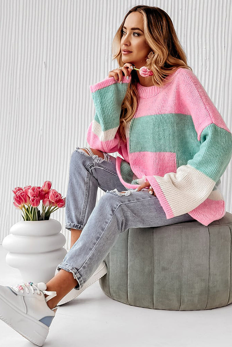 Pink Colorblock Drop Shoulder Bell Sleeve Sweater