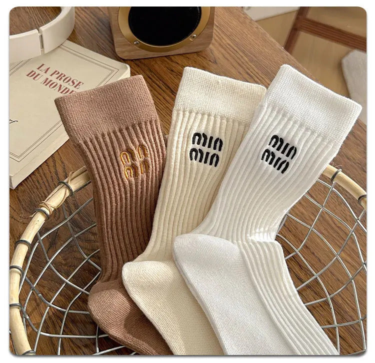 Stockings Socks Embroidered Letter Women's High Barrel Striped Double Needle Stacked Socks Birthday Gift