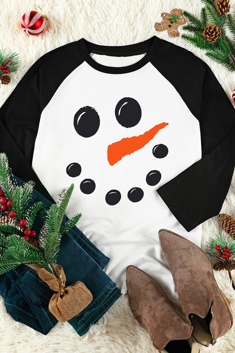 Black Christmas Snowman Face Print Color Block Top