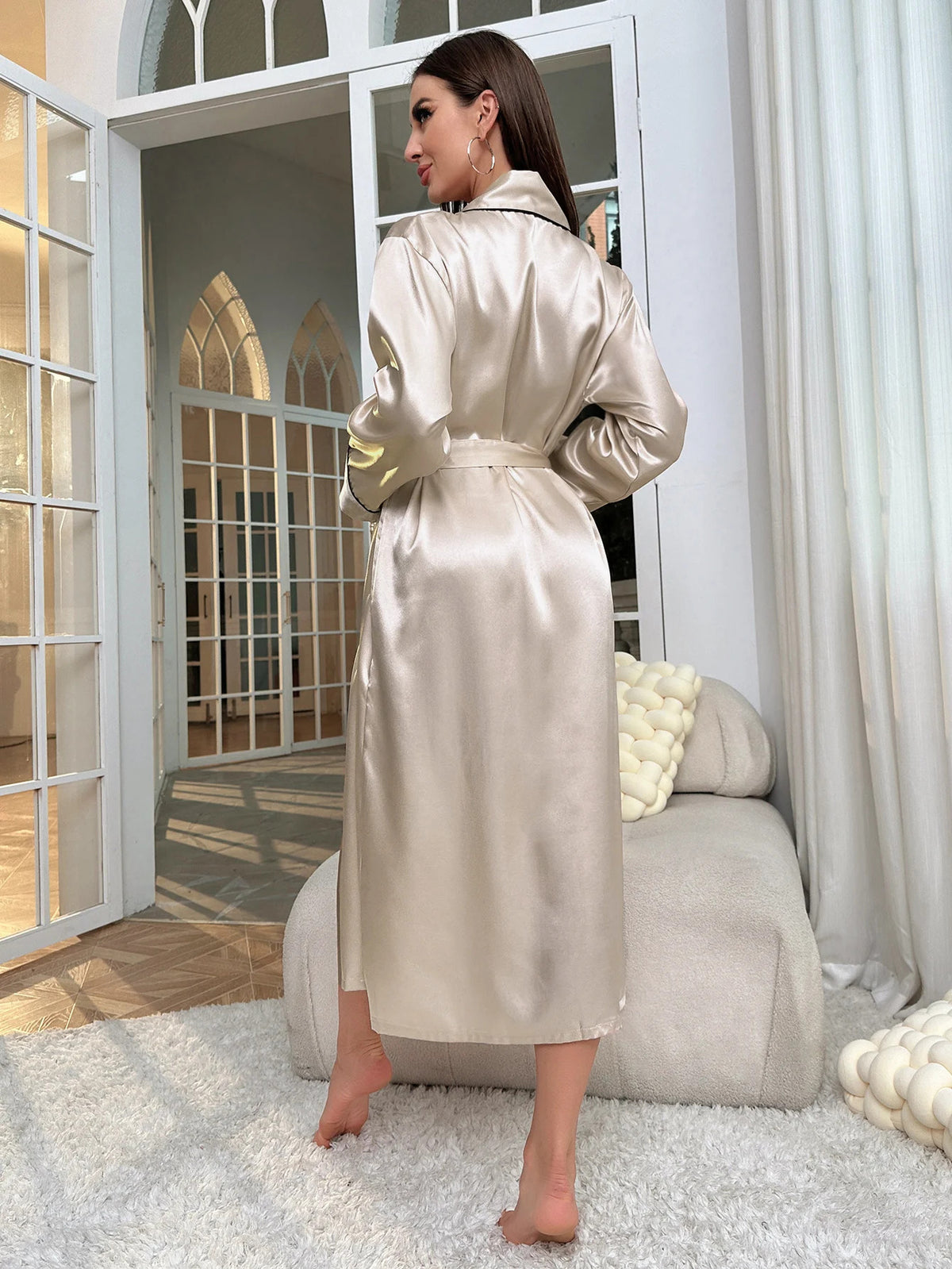 Simple Satin Night Robe Long Sleeve V Neck Robe With Belt  Women's Sleepwear