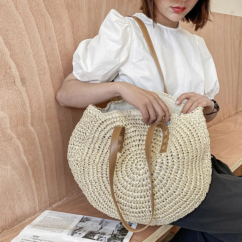 Summer Round Straw Women Vacation Woven Beach Shoulder Bag Large Capacity Hollow Out Simple Tote Bag