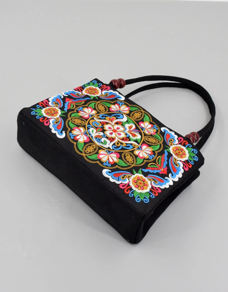 Embroidered Canvas Women's Top Handle Bag: Double Layered with Zippered Compartments, Perfect for Work and Play