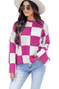 Bright Pink Checkered Round Neck Baggy Sweater