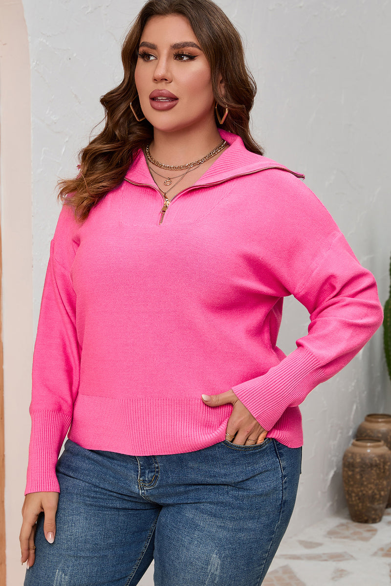 Rose Solid Ribbed Trim Plus Size Zip Collar Sweater