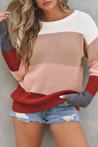 Chestnut Color Block Knitted O-neck Pullover Sweater