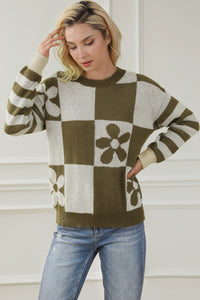 Orchid Petal Checkered Floral Print Striped Sleeve Sweater