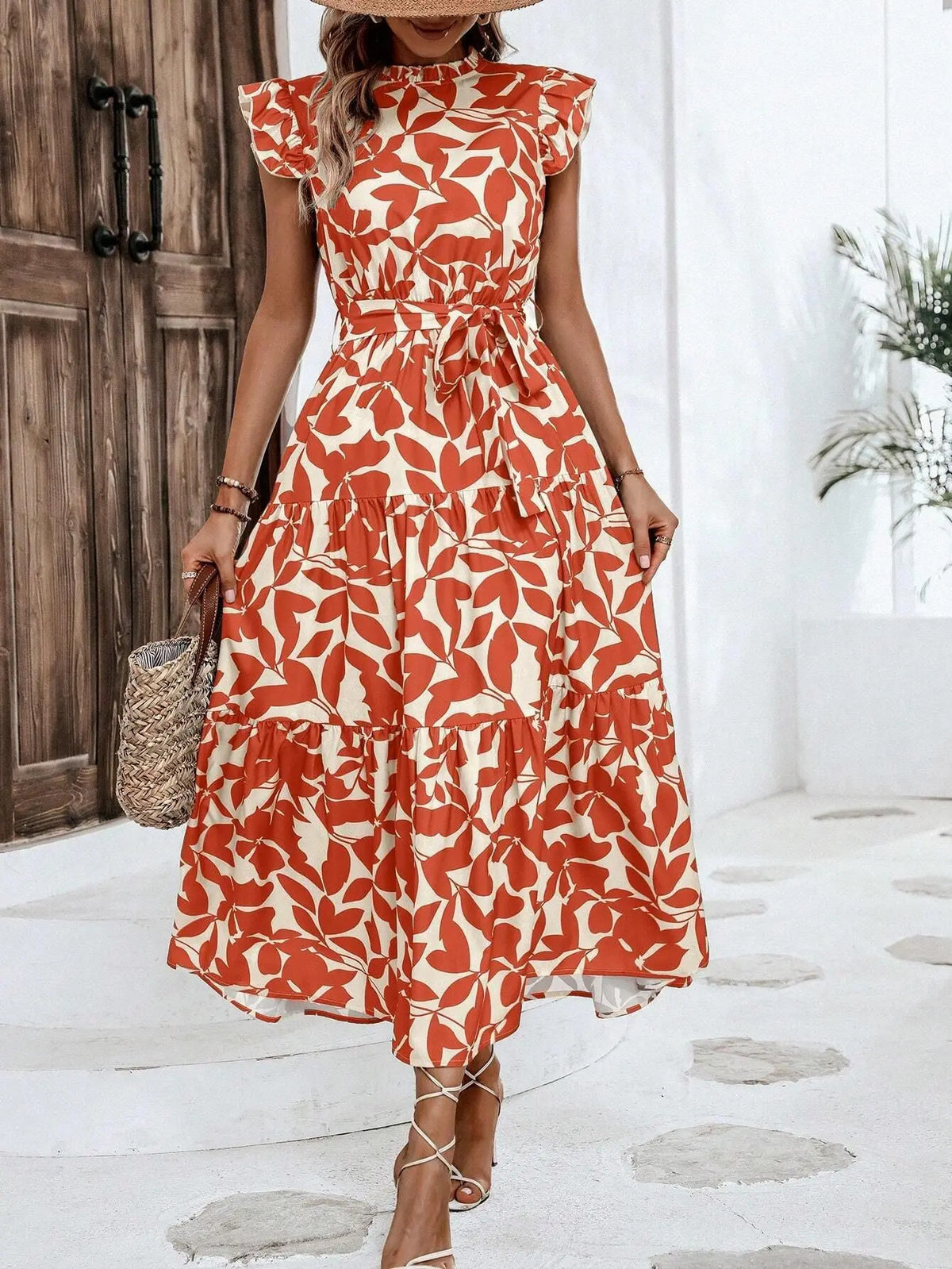 Elegant Women's Flower Midi Dress New Summer Fashion Stand Collar Flying Sleevel Lace Up Dress Casual Beach Holiday Dresses Robe