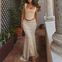 WhereMery Aesthetic Square-neck Bandage Backless Tank Top With Lace Texture Mesh See-through Party Long Skirts Club Outfit