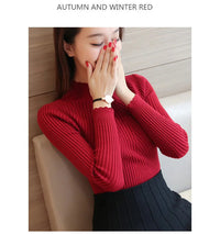 2024 Autumn Women Mock Neck Ruffles Sweater Long Sleeve Knitted Bottoming Solid Pullovers Stripe Women Casual Sweater Winter