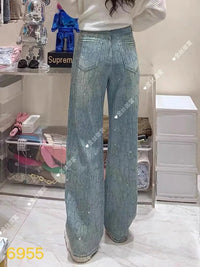 Diamond Jeans for Women Shiny High Waist Loose Wide Leg Denim Pants Blue Rhinestone Mopping Pants Streetwear Fashion Trousers