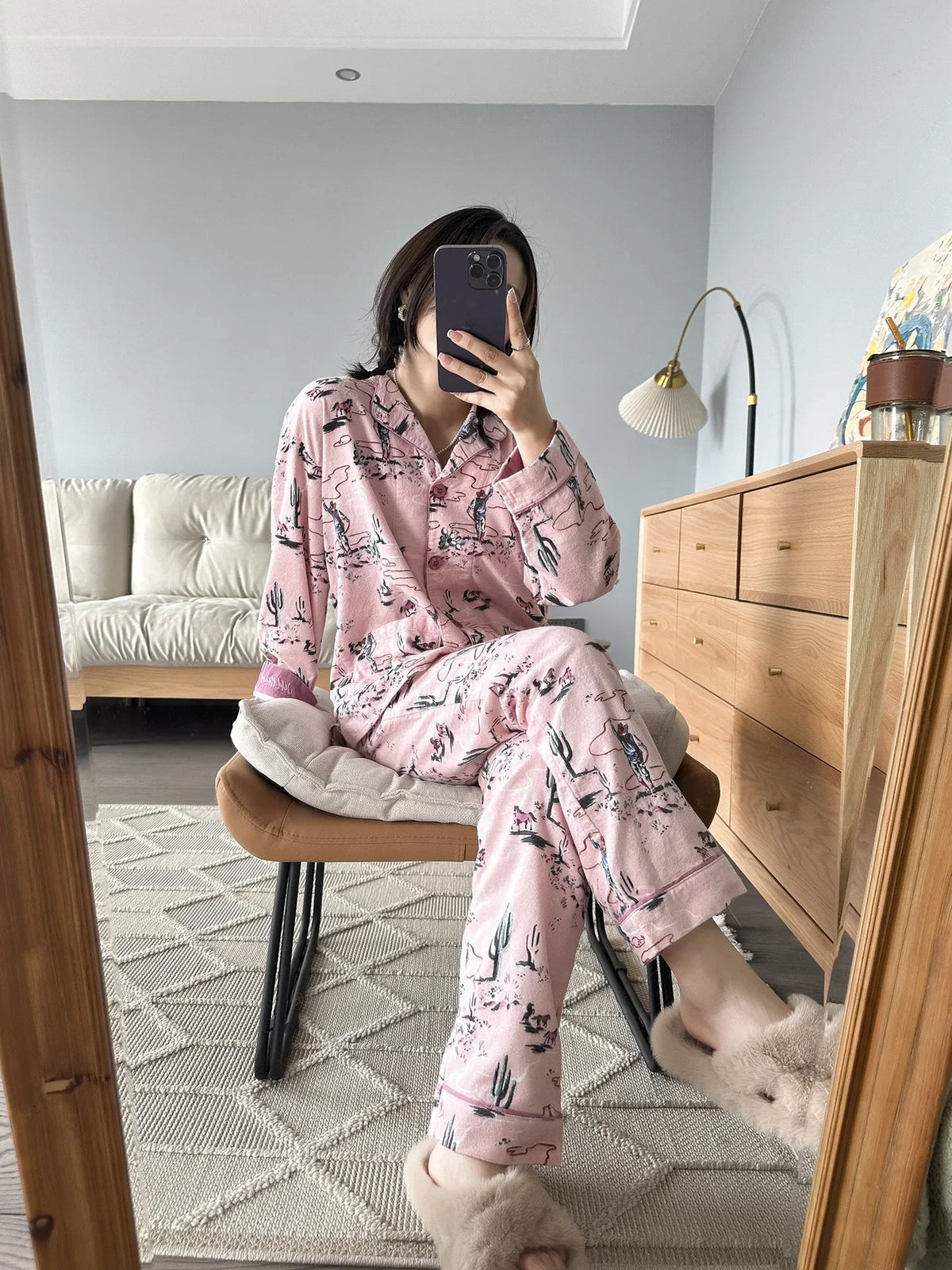 100% Cotton Pajamas for Women Loose Cartoon Long Sleeve Pants Loungewear Women 2 Piece Set Pj Women Outfit Sleepwear Set Pijamas