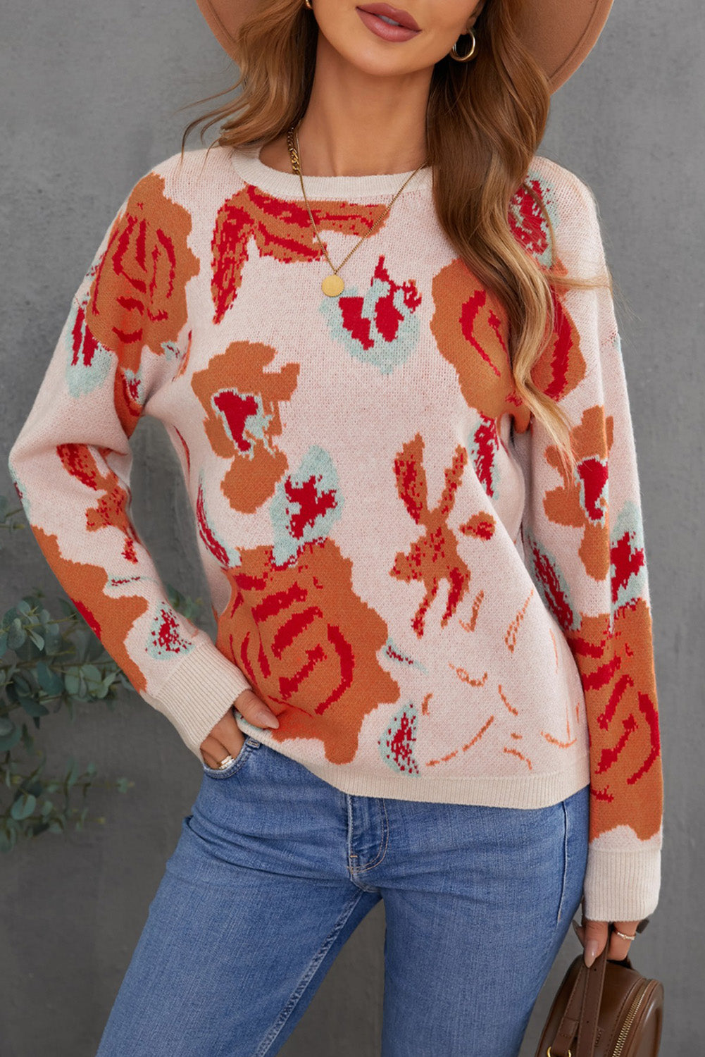 Floral Pattern Drop Shoulder Crew Neck Sweater