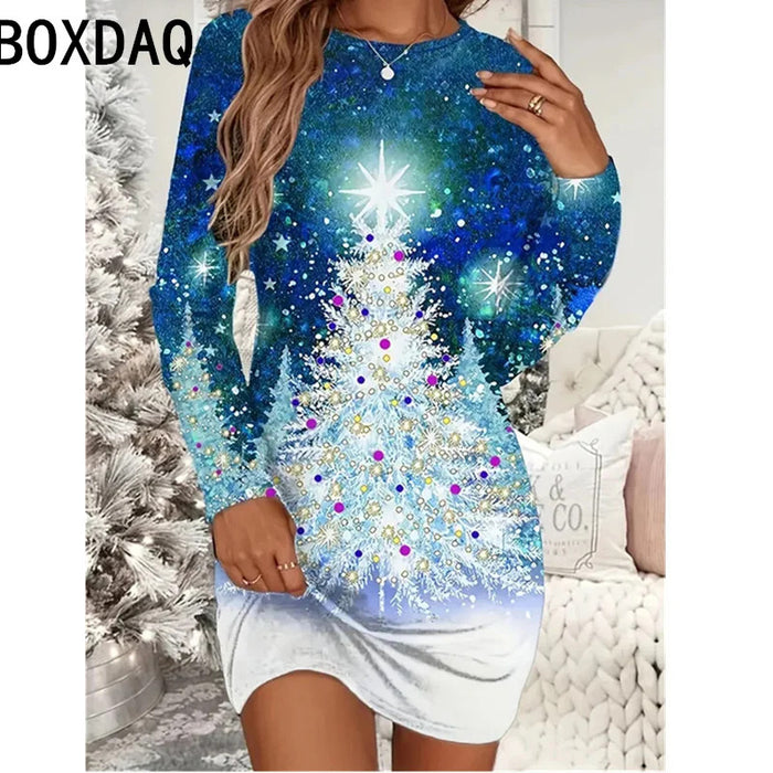 Ladies' Red Christmas Day Party Dress 3D Christmas Tree Pattern Printed Dress Big Size Autumn Long Sleeve O-Neck Casual Dresses