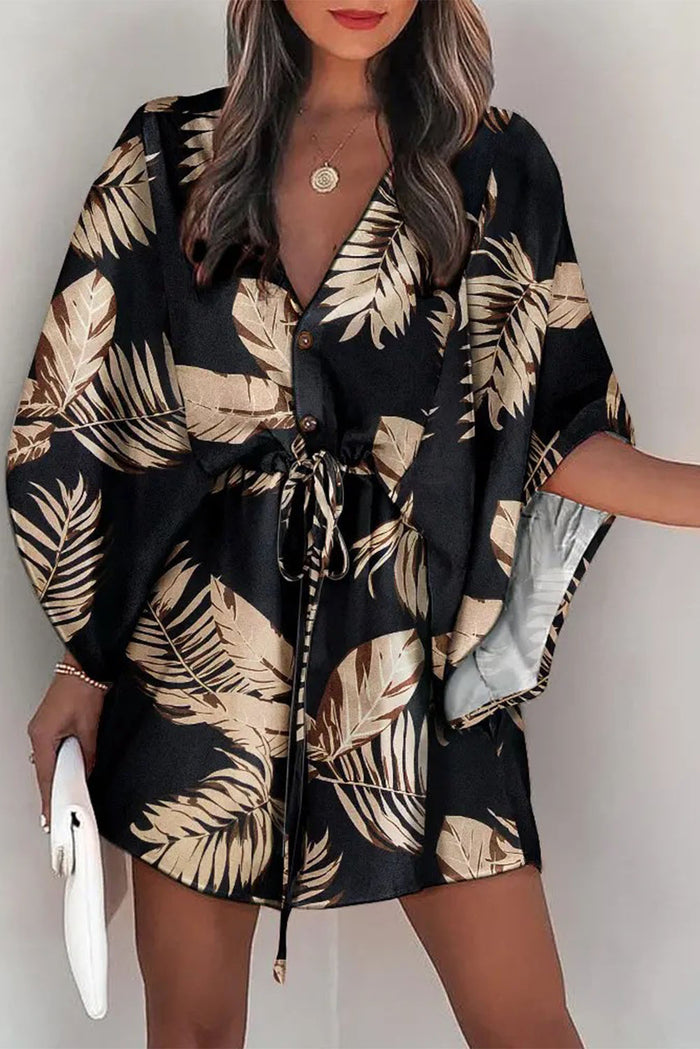 Women's Geometric Print Button Drawstring Batwing Sleeve Dress