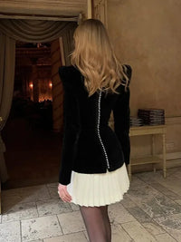 Women Elegant Contrasting Pleated Mini Dress Chic Square Neck Long Puff Sleeve Slim Dresses New Lady Fashion Party Evening Gown