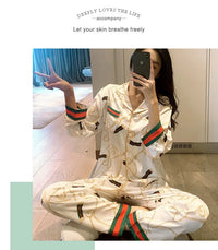 Women Plus Size Pajamas Silk Long Sleeve School Loungewear Two-Piece Fashion Webbing Chain Pattern Trouser Set Sexy Sleepwear