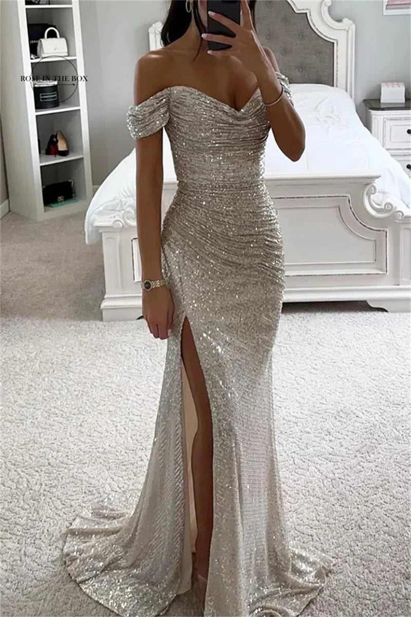 Women Mermaid Champagne Evening Maxi Dresses 2024 Elegant Off-Shoulder Sequin Split Prom Formal Gowns For Party Customized