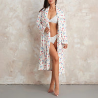 Women Flannel Robe Home Sleepwear Floral Print Shawl Collar Bathrobe Kimono Robe with Belt Winter Warm Pajamas Clothes