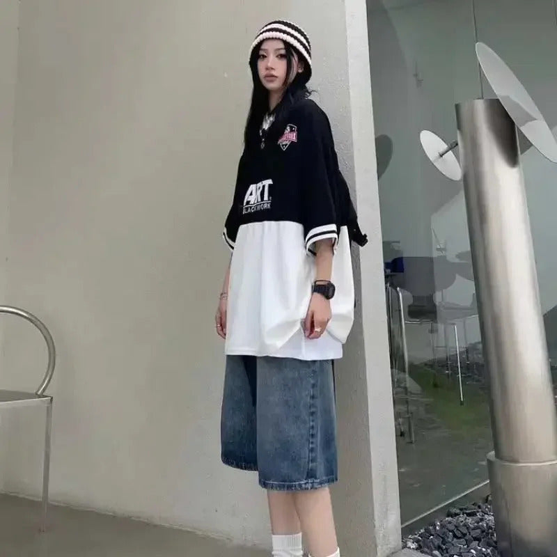 High Street Retro Blue Jeans Shorts Women Summer New Baggy Wide Leg Denim Half Pants Fashion Streetwear Y2k Clothing Oversize