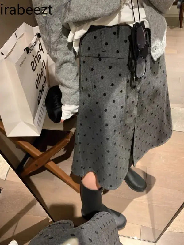 Factory Price Retro Wear Two Sides Wear Pleated Polka-dot Skirt Women 2024 Fall/winter New Fashion Gray A-line Skirt