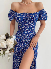 Sexy Floral Print Short Sleeve Hip Wrap Party Dress Elegant Off Shoulder Backless Dress New Summer Waist Slit Boho Long Dresses