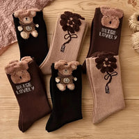 3 Pairs Women Cartoon Bear Mid Tube Socks Fashionable Cute Three-Dimensional Printed Letter Socks Soft Comfortable Casual Socks