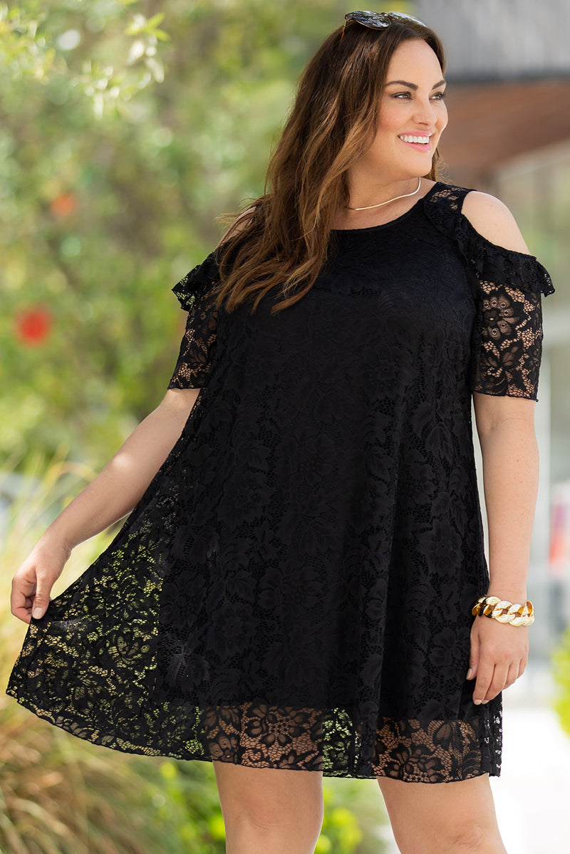 Black Cold Shoulder Lace Plus Size Dress