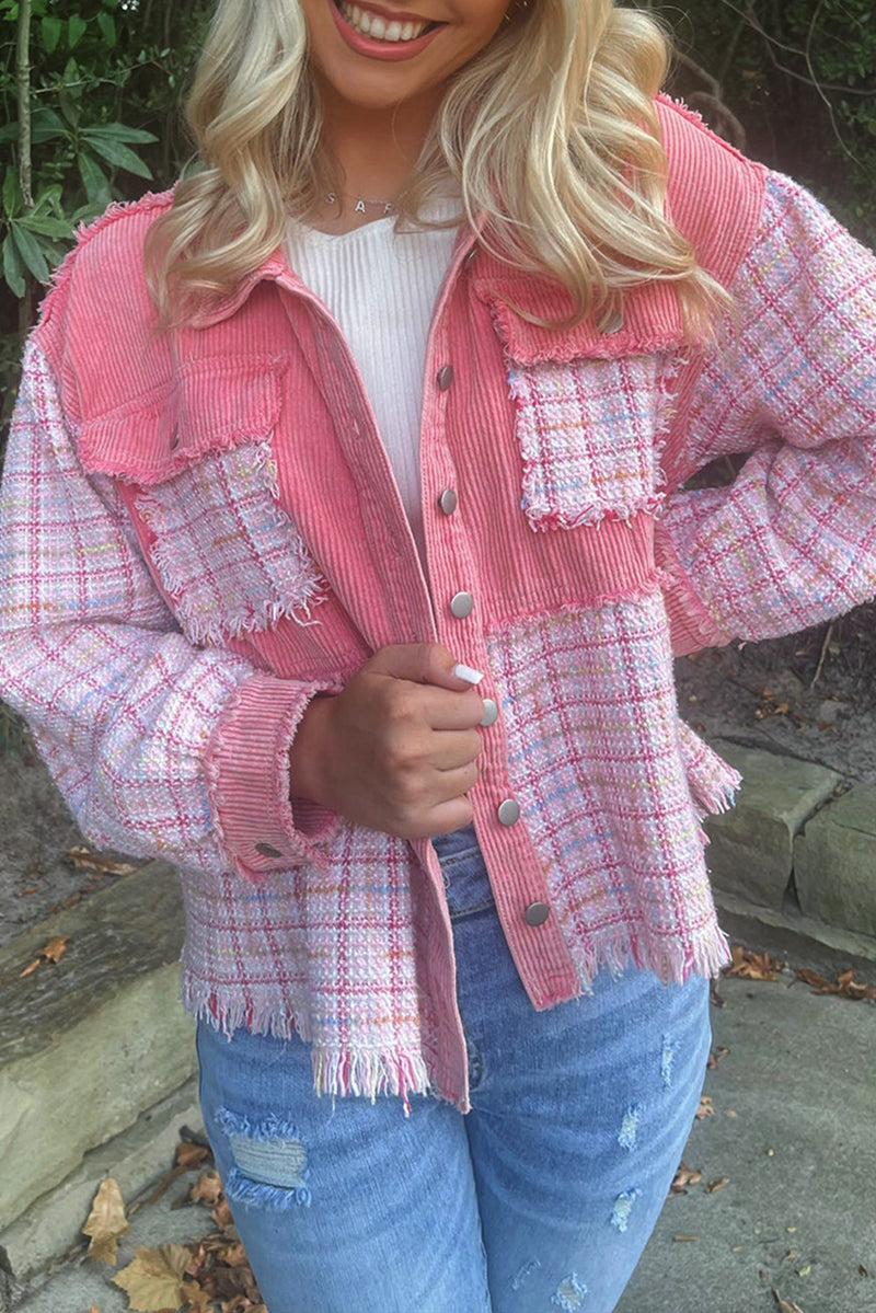 Rose Frayed Tweed Plaid Patchwork Buttoned Jacket