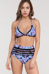 Blue Stripe Tassel Trim High waisted swimsuits