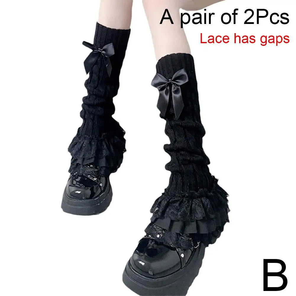 Japanese Women Knitted Leg Warmer Bow Tiered Ruffled Socks Girl Lace Lolita Socks Calf T-shaped Lace Leg Horn Warmers Women P1J5