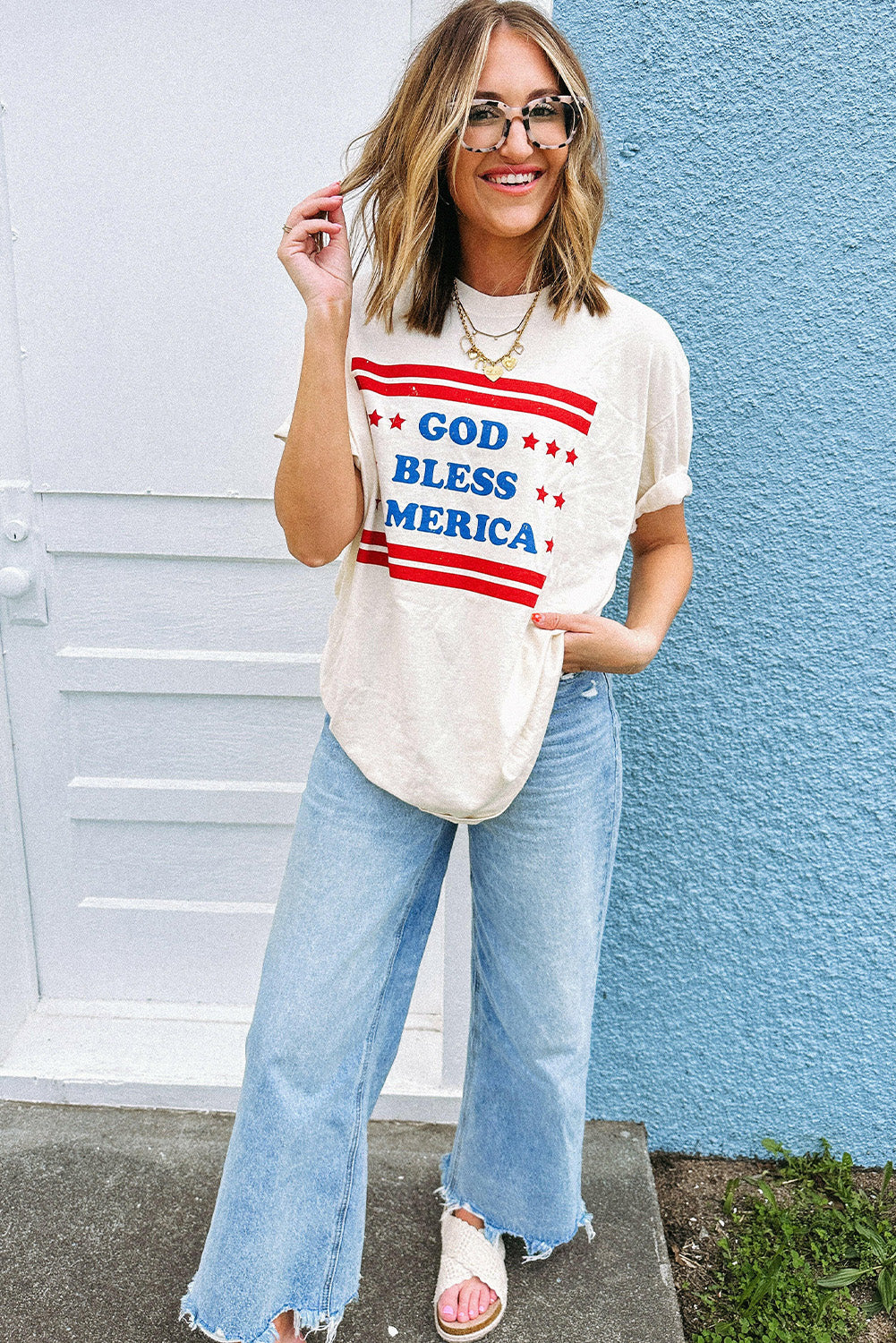 White GOD BLESS AMERICAN Star and Stripe Graphic Tee