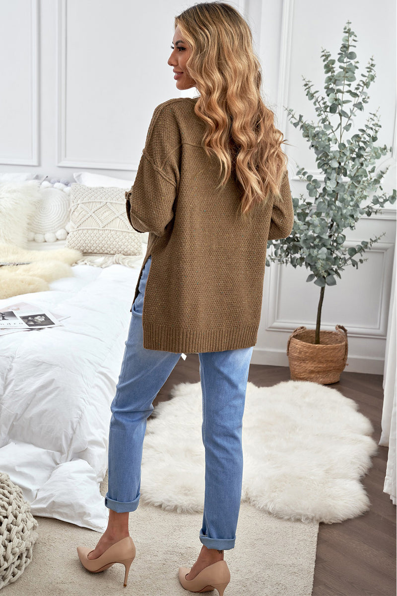 Brown Buttoned Drop Shoulder Knitted Sweater