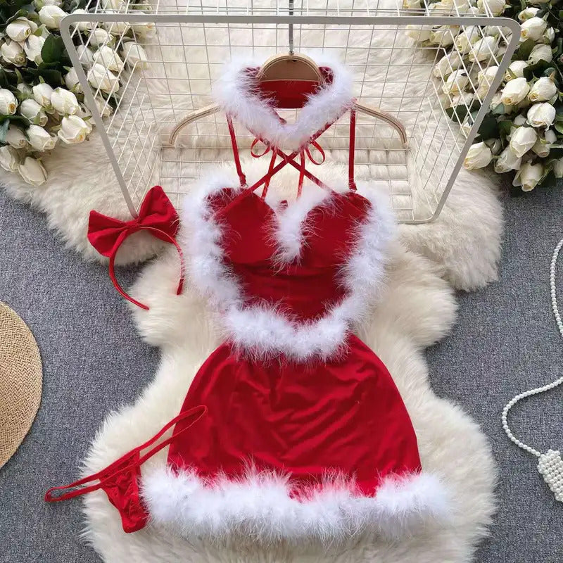 Winter Patchwork Christmas Hotsweet Women's Short Dress Sexy Bodycone Plush Red Dress Cross Strap Halter Neck Erotic Mini Dress