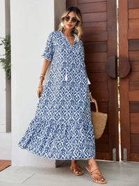 Women's Summer Chiffon V Neck Short Sleeve Floral Flowy A Line Maxi Dress Boho Flounce Tiered Swing Long Beach Dresses