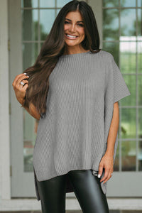 Gray Short Sleeve Side Slit Oversized Sweater