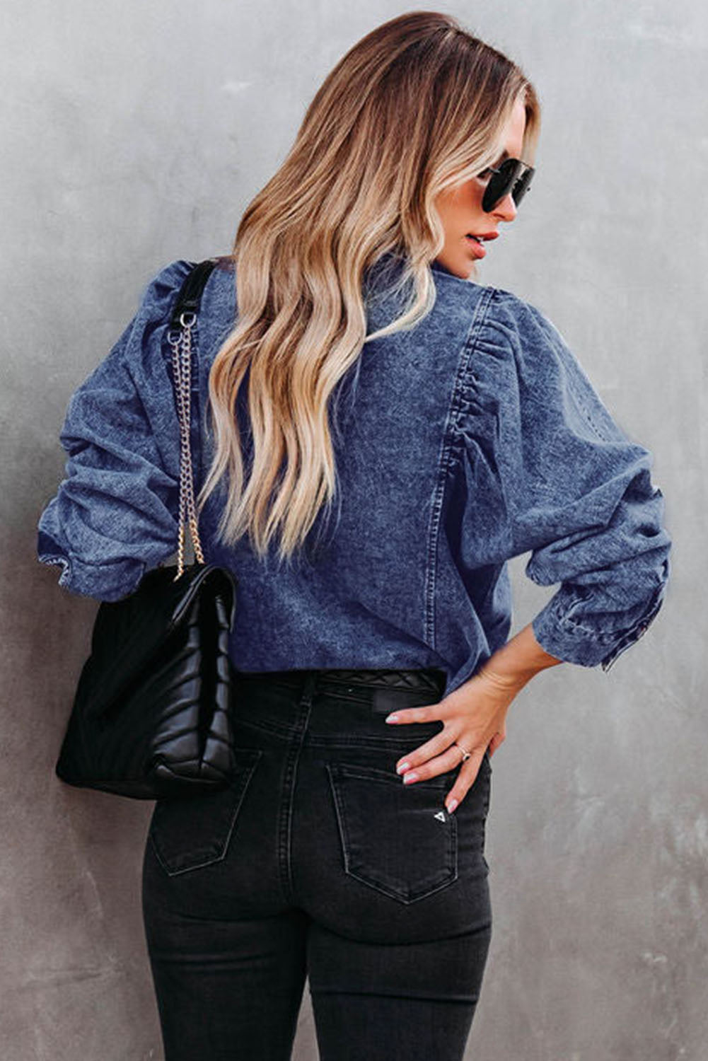 Blue Puff Sleeve Button-Up Denim Jacket