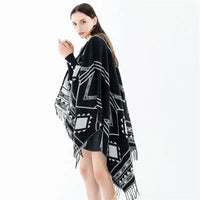 Cloak Poncho Capes 2024 New Indian Nepalese Style Geometric Tassel Split Women Shawl Warm Air Conditioning Room Lady Blue