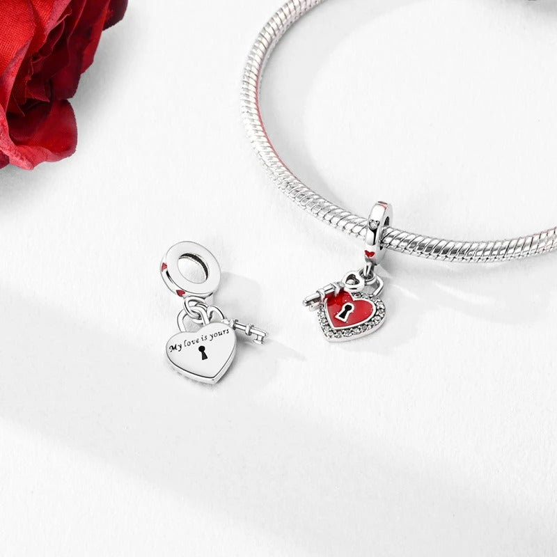 S925 Sterling Silver Valentine's Day Red Series Red Heart Charm Bow Ring Heart Necklace Fit Bracelet DIY for Women Jewelry Gift