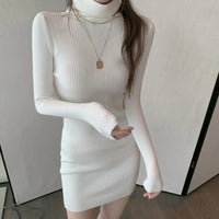 Women Autumn Winter Turtleneck Warm Bodycon Dress Long Sleeve Knit Solid Office Pullover Sexy Mini Dress for Ladies 2023